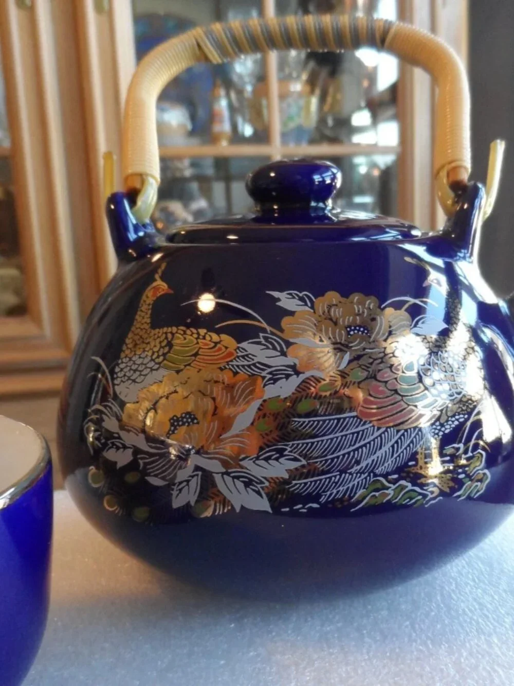 Japanese Cobalt Blue Teapot + 5 Cups Peacock/Floral/Gold Trim Bamboo Handle VTG